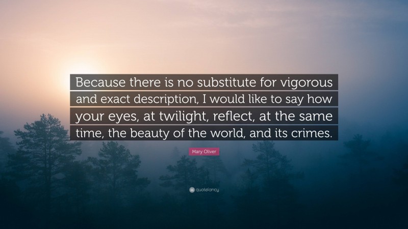 Mary Oliver Quote: “Because there is no substitute for vigorous and exact description, I would like to say how your eyes, at twilight, reflect, at the same time, the beauty of the world, and its crimes.”