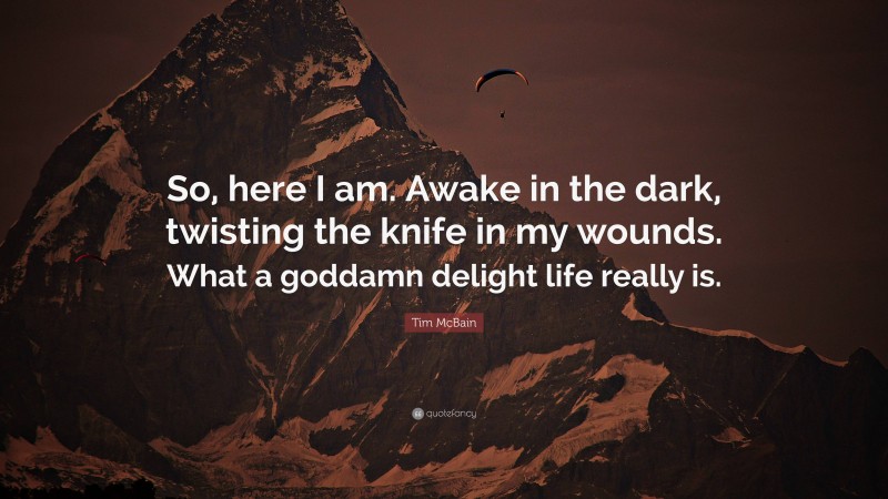 Tim McBain Quote: “So, here I am. Awake in the dark, twisting the knife in my wounds. What a goddamn delight life really is.”