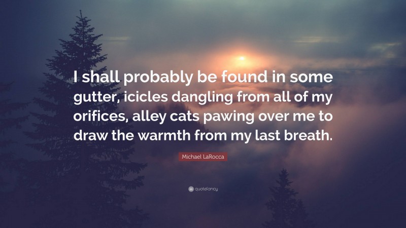 Michael LaRocca Quote: “I shall probably be found in some gutter, icicles dangling from all of my orifices, alley cats pawing over me to draw the warmth from my last breath.”