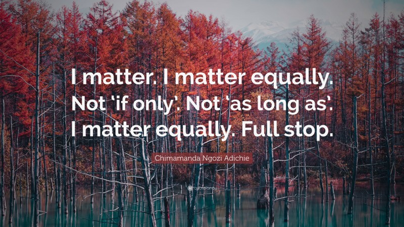 Chimamanda Ngozi Adichie Quote: “I matter. I matter equally. Not ‘if only’. Not ‘as long as’. I matter equally. Full stop.”