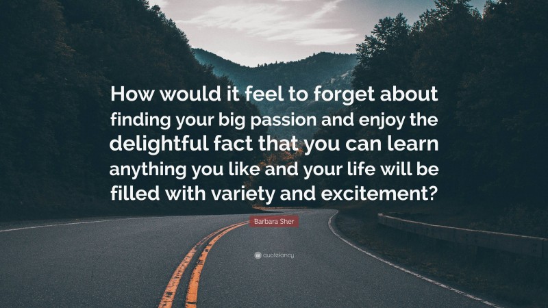Barbara Sher Quote: “How would it feel to forget about finding your big passion and enjoy the delightful fact that you can learn anything you like and your life will be filled with variety and excitement?”
