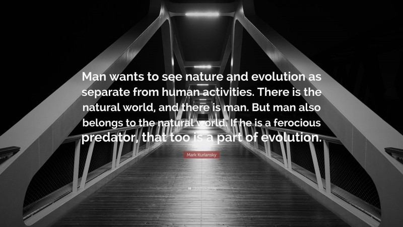 Mark Kurlansky Quote: “Man wants to see nature and evolution as separate from human activities. There is the natural world, and there is man. But man also belongs to the natural world. If he is a ferocious predator, that too is a part of evolution.”