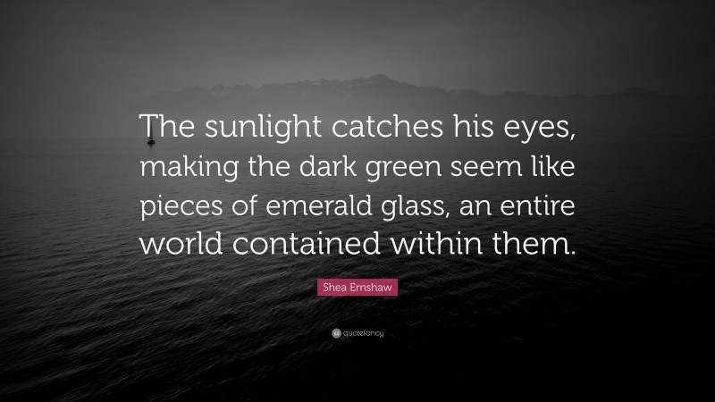 Shea Ernshaw Quote: “The sunlight catches his eyes, making the dark green seem like pieces of emerald glass, an entire world contained within them.”