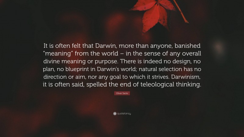 Oliver Sacks Quote: “It is often felt that Darwin, more than anyone, banished “meaning” from the world – in the sense of any overall divine meaning or purpose. There is indeed no design, no plan, no blueprint in Darwin’s world; natural selection has no direction or aim, nor any goal to which it strives. Darwinism, it is often said, spelled the end of teleological thinking.”