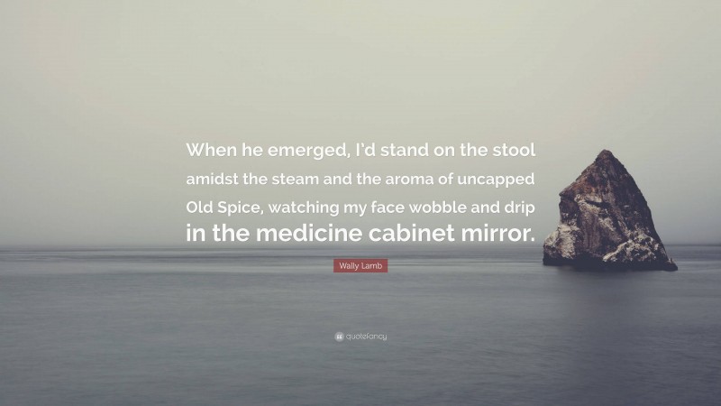 Wally Lamb Quote: “When he emerged, I’d stand on the stool amidst the steam and the aroma of uncapped Old Spice, watching my face wobble and drip in the medicine cabinet mirror.”
