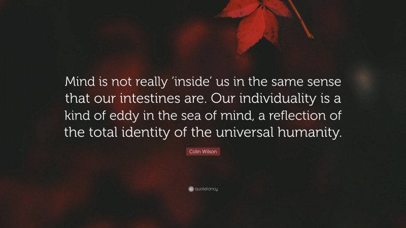 Colin Wilson Quote: “Mind is not really ‘inside’ us in the same sense that our intestines are. Our individuality is a kind of eddy in the sea of mind, a reflection of the total identity of the universal humanity.”