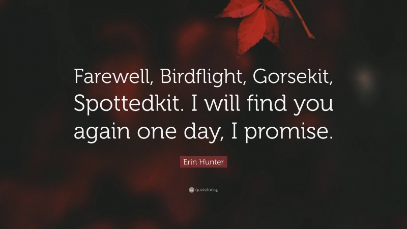 Erin Hunter Quote: “Farewell, Birdflight, Gorsekit, Spottedkit. I will find you again one day, I promise.”