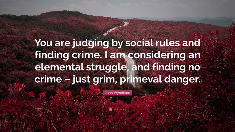 John Wyndham Quote: “You are judging by social rules and finding crime. I am considering an elemental struggle, and finding no crime – just grim, primeval danger.”