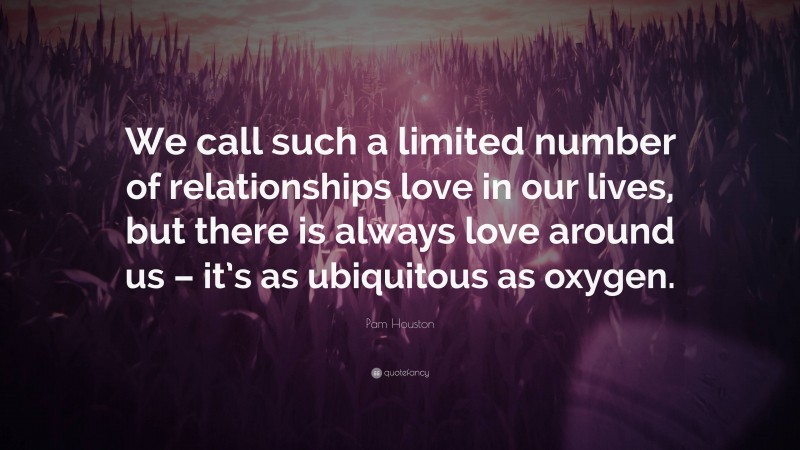 Pam Houston Quote: “We call such a limited number of relationships love in our lives, but there is always love around us – it’s as ubiquitous as oxygen.”