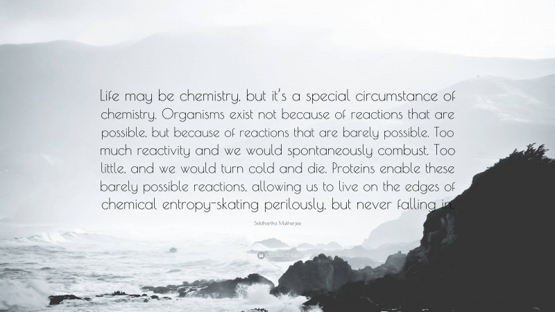 Siddhartha Mukherjee Quote: “Life may be chemistry, but it’s a special circumstance of chemistry. Organisms exist not because of reactions that are possible, but because of reactions that are barely possible. Too much reactivity and we would spontaneously combust. Too little, and we would turn cold and die. Proteins enable these barely possible reactions, allowing us to live on the edges of chemical entropy-skating perilously, but never falling in.”