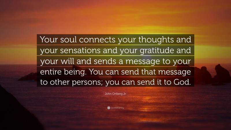 John Ortberg Jr. Quote: “Your soul connects your thoughts and your sensations and your gratitude and your will and sends a message to your entire being. You can send that message to other persons; you can send it to God.”