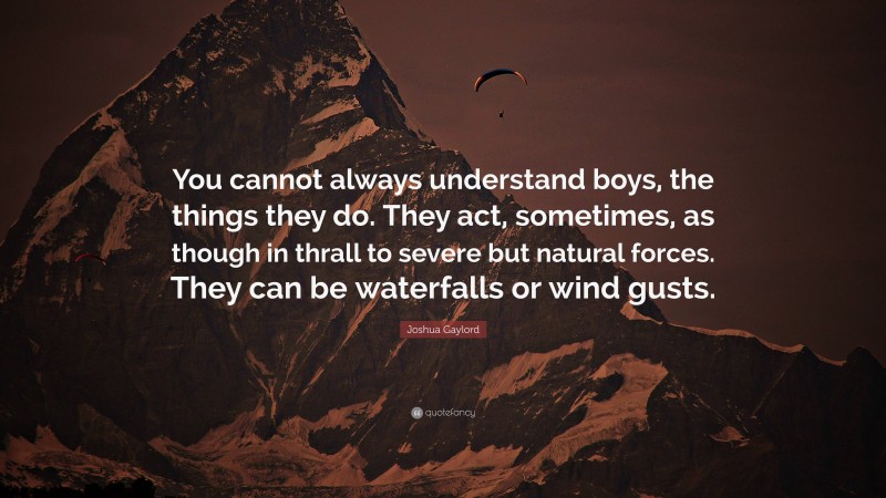 Joshua Gaylord Quote: “You cannot always understand boys, the things they do. They act, sometimes, as though in thrall to severe but natural forces. They can be waterfalls or wind gusts.”