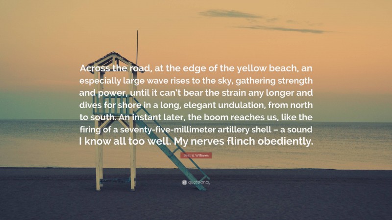 Beatriz Williams Quote: “Across the road, at the edge of the yellow beach, an especially large wave rises to the sky, gathering strength and power, until it can’t bear the strain any longer and dives for shore in a long, elegant undulation, from north to south. An instant later, the boom reaches us, like the firing of a seventy-five-millimeter artillery shell – a sound I know all too well. My nerves flinch obediently.”