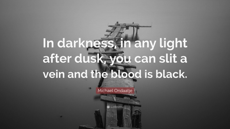 Michael Ondaatje Quote: “In darkness, in any light after dusk, you can slit a vein and the blood is black.”