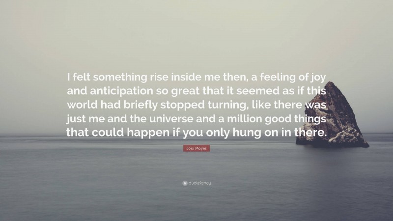 Jojo Moyes Quote: “I felt something rise inside me then, a feeling of joy and anticipation so great that it seemed as if this world had briefly stopped turning, like there was just me and the universe and a million good things that could happen if you only hung on in there.”