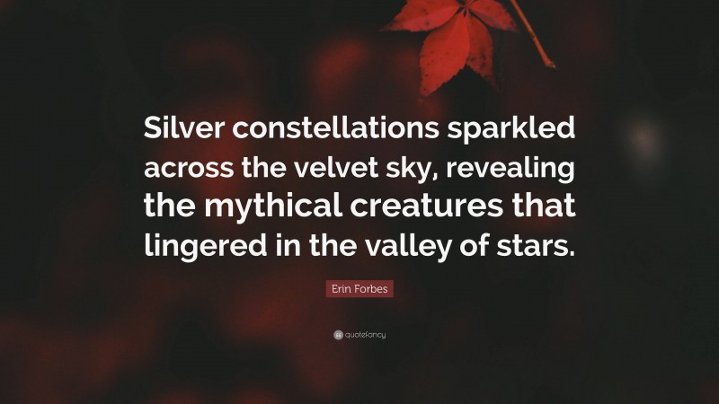 Erin Forbes Quote: “Silver constellations sparkled across the velvet sky, revealing the mythical creatures that lingered in the valley of stars.”