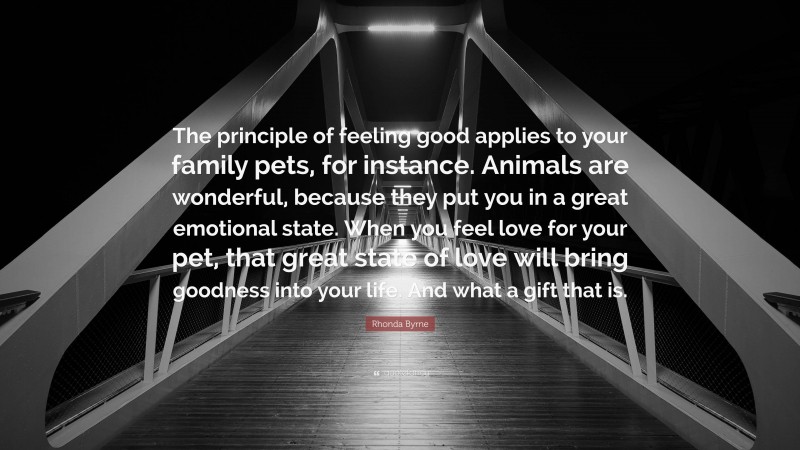 Rhonda Byrne Quote: “The principle of feeling good applies to your family pets, for instance. Animals are wonderful, because they put you in a great emotional state. When you feel love for your pet, that great state of love will bring goodness into your life. And what a gift that is.”