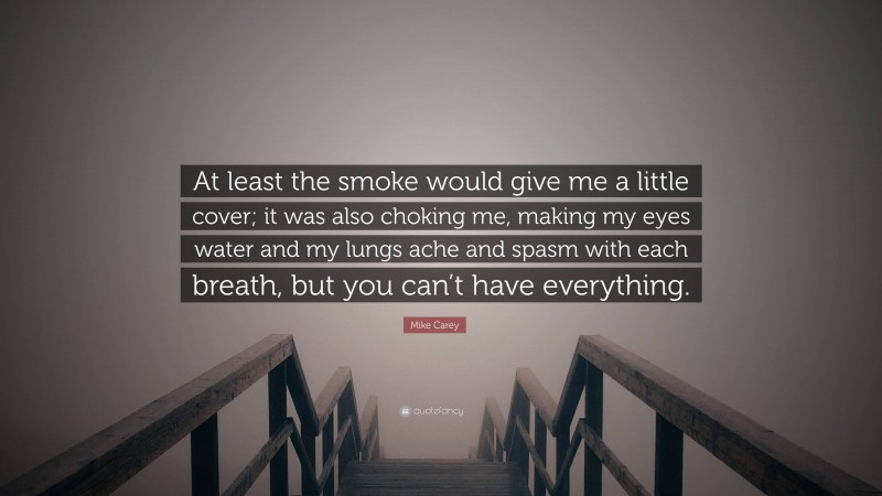 Mike Carey Quote: “At least the smoke would give me a little cover; it was also choking me, making my eyes water and my lungs ache and spasm with each breath, but you can’t have everything.”