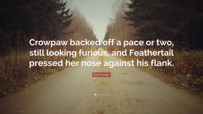 Erin Hunter Quote: “Crowpaw backed off a pace or two, still looking furious, and Feathertail pressed her nose against his flank.”