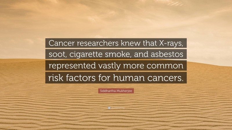 Siddhartha Mukherjee Quote: “Cancer researchers knew that X-rays, soot, cigarette smoke, and asbestos represented vastly more common risk factors for human cancers.”
