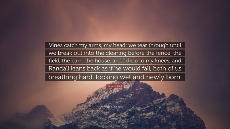 Jesmyn Ward Quote: “Vines catch my arms, my head; we tear through until we break out into the clearing before the fence, the field, the barn, the house, and I drop to my knees, and Randall leans back as if he would fall, both of us breathing hard, looking wet and newly born.”