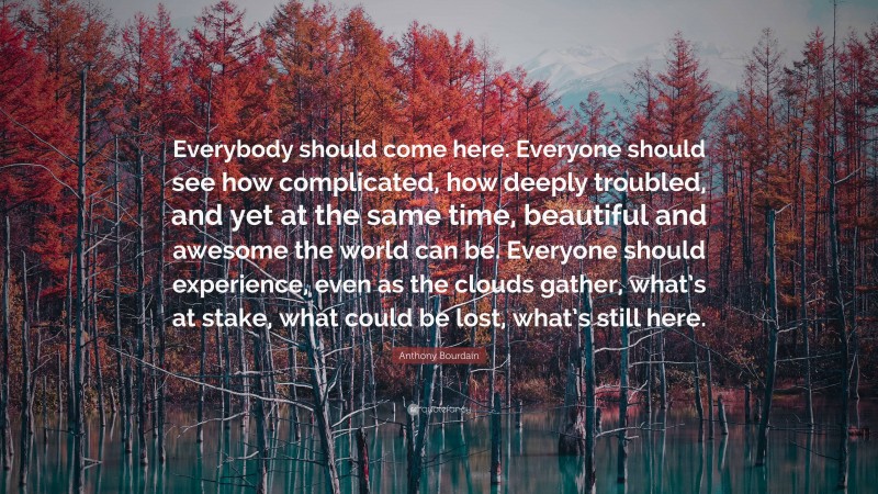 Anthony Bourdain Quote: “Everybody should come here. Everyone should see how complicated, how deeply troubled, and yet at the same time, beautiful and awesome the world can be. Everyone should experience, even as the clouds gather, what’s at stake, what could be lost, what’s still here.”