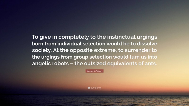 Edward O. Wilson Quote: “To give in completely to the instinctual urgings born from individual selection would be to dissolve society. At the opposite extreme, to surrender to the urgings from group selection would turn us into angelic robots – the outsized equivalents of ants.”