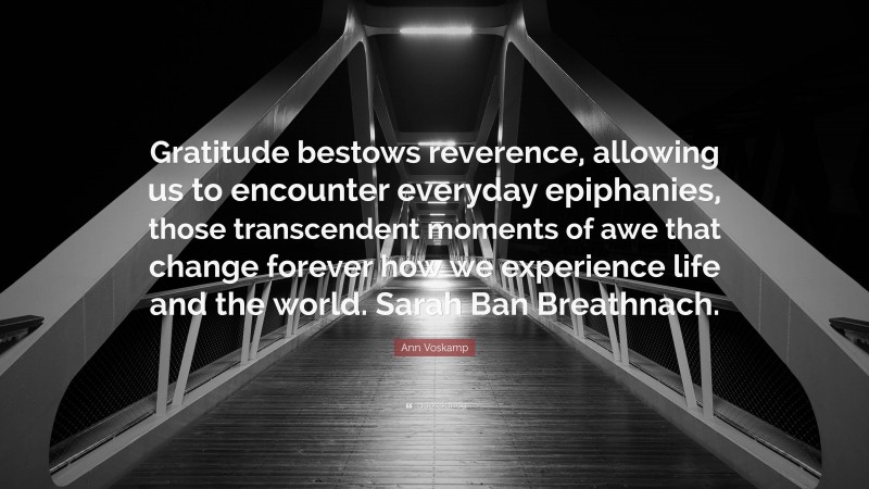 Ann Voskamp Quote: “Gratitude bestows reverence, allowing us to encounter everyday epiphanies, those transcendent moments of awe that change forever how we experience life and the world. Sarah Ban Breathnach.”