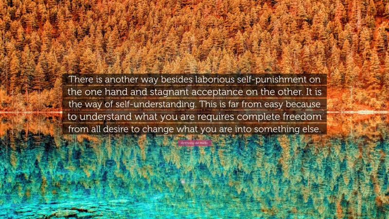 Anthony de Mello Quote: “There is another way besides laborious self-punishment on the one hand and stagnant acceptance on the other. It is the way of self-understanding. This is far from easy because to understand what you are requires complete freedom from all desire to change what you are into something else.”