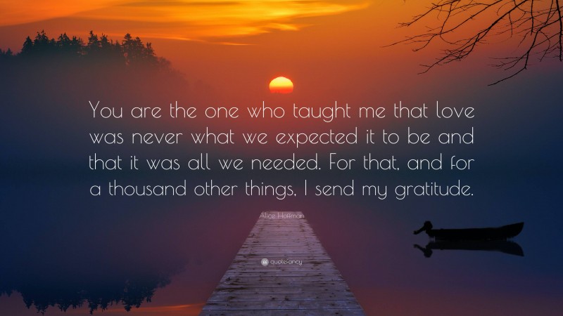 Alice Hoffman Quote: “You are the one who taught me that love was never what we expected it to be and that it was all we needed. For that, and for a thousand other things, I send my gratitude.”