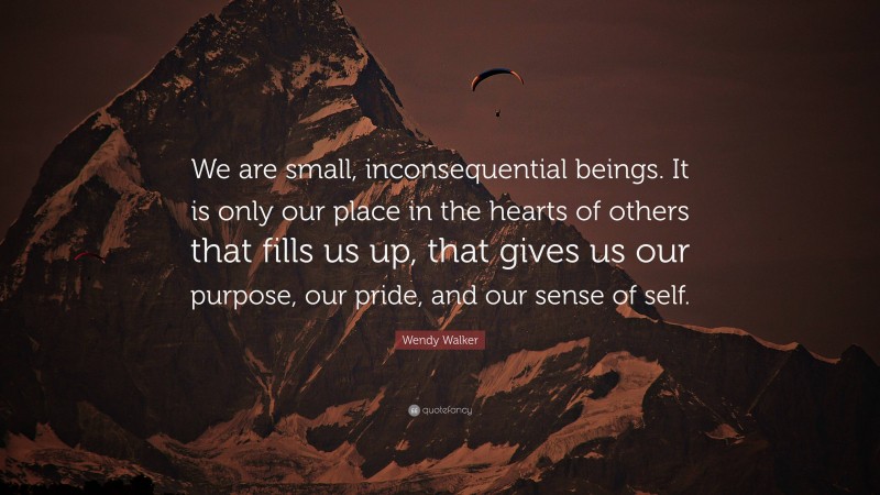 Wendy Walker Quote: “We are small, inconsequential beings. It is only our place in the hearts of others that fills us up, that gives us our purpose, our pride, and our sense of self.”