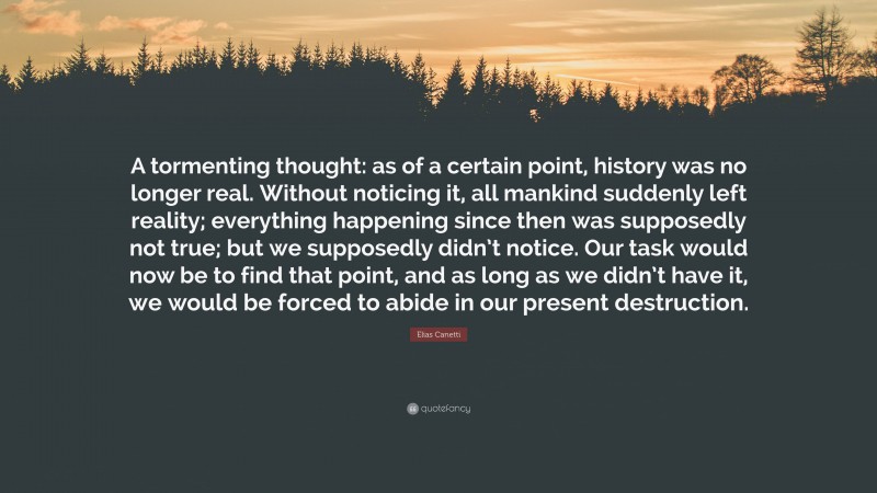 Elias Canetti Quote: “A tormenting thought: as of a certain point, history was no longer real. Without noticing it, all mankind suddenly left reality; everything happening since then was supposedly not true; but we supposedly didn’t notice. Our task would now be to find that point, and as long as we didn’t have it, we would be forced to abide in our present destruction.”