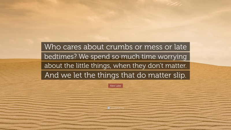 Alex Lake Quote: “Who cares about crumbs or mess or late bedtimes? We spend so much time worrying about the little things, when they don’t matter. And we let the things that do matter slip.”