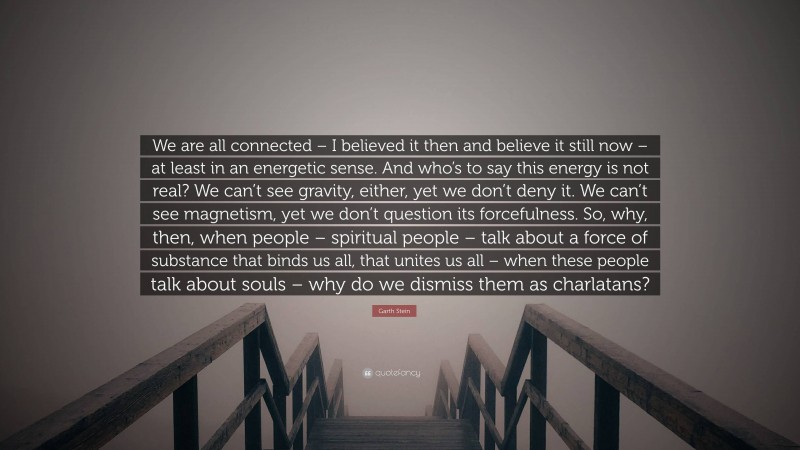 Garth Stein Quote: “We are all connected – I believed it then and believe it still now – at least in an energetic sense. And who’s to say this energy is not real? We can’t see gravity, either, yet we don’t deny it. We can’t see magnetism, yet we don’t question its forcefulness. So, why, then, when people – spiritual people – talk about a force of substance that binds us all, that unites us all – when these people talk about souls – why do we dismiss them as charlatans?”