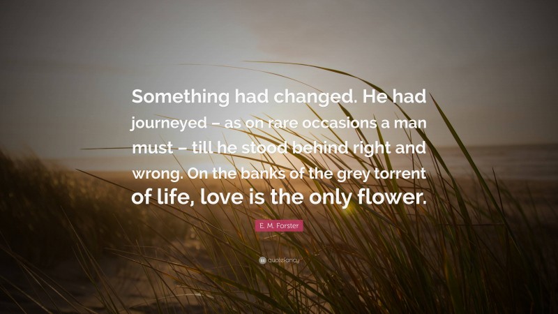 E. M. Forster Quote: “Something had changed. He had journeyed – as on rare occasions a man must – till he stood behind right and wrong. On the banks of the grey torrent of life, love is the only flower.”