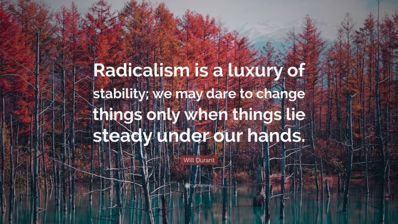 Will Durant Quote: “Radicalism is a luxury of stability; we may dare to change things only when things lie steady under our hands.”