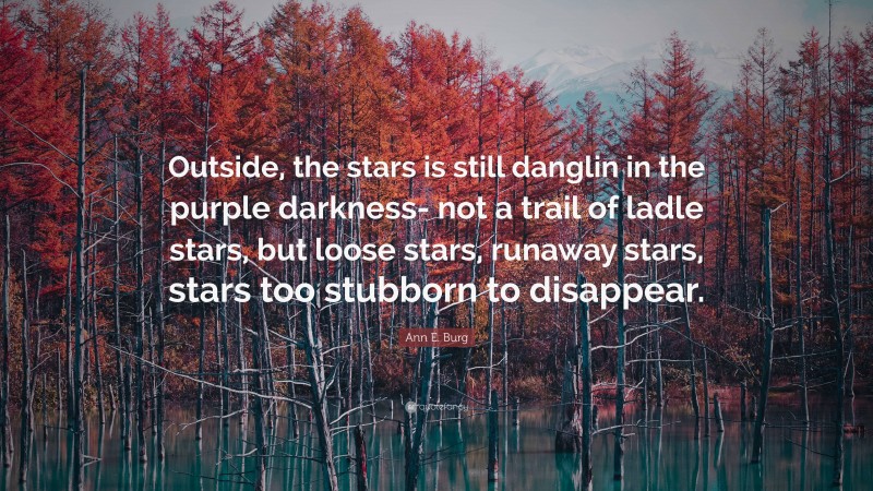 Ann E. Burg Quote: “Outside, the stars is still danglin in the purple darkness- not a trail of ladle stars, but loose stars, runaway stars, stars too stubborn to disappear.”