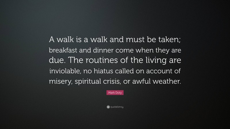 Mark Doty Quote: “A walk is a walk and must be taken; breakfast and dinner come when they are due. The routines of the living are inviolable, no hiatus called on account of misery, spiritual crisis, or awful weather.”