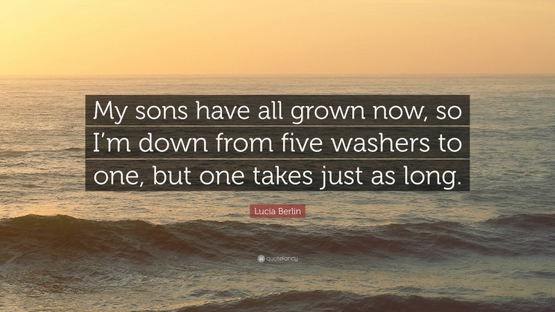 Lucia Berlin Quote: “My sons have all grown now, so I’m down from five washers to one, but one takes just as long.”