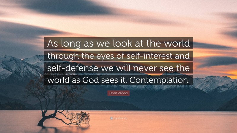 Brian Zahnd Quote: “As long as we look at the world through the eyes of self-interest and self-defense we will never see the world as God sees it. Contemplation.”