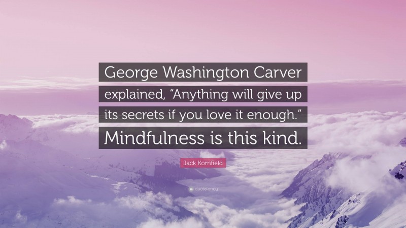 Jack Kornfield Quote: “George Washington Carver explained, “Anything will give up its secrets if you love it enough.” Mindfulness is this kind.”