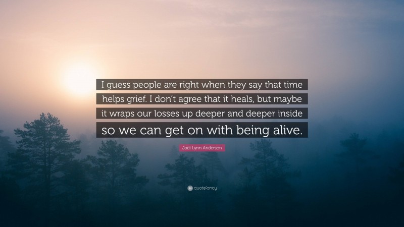 Jodi Lynn Anderson Quote: “I guess people are right when they say that time helps grief. I don’t agree that it heals, but maybe it wraps our losses up deeper and deeper inside so we can get on with being alive.”