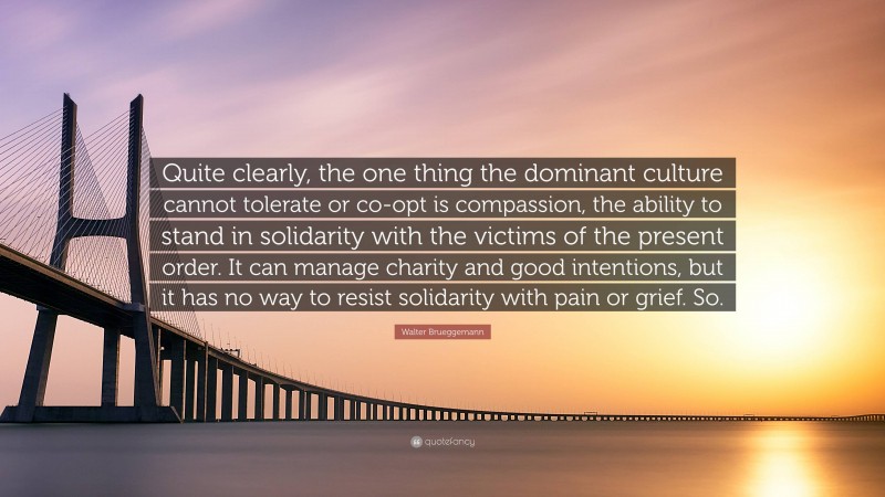 Walter Brueggemann Quote: “Quite clearly, the one thing the dominant culture cannot tolerate or co-opt is compassion, the ability to stand in solidarity with the victims of the present order. It can manage charity and good intentions, but it has no way to resist solidarity with pain or grief. So.”