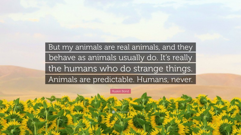 Ruskin Bond Quote: “But my animals are real animals, and they behave as animals usually do. It’s really the humans who do strange things. Animals are predictable. Humans, never.”