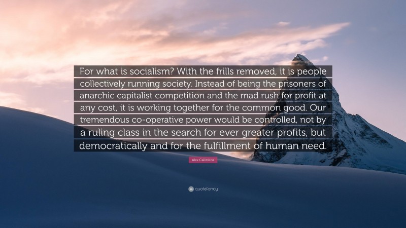 Alex Callinicos Quote: “For what is socialism? With the frills removed, it is people collectively running society. Instead of being the prisoners of anarchic capitalist competition and the mad rush for profit at any cost, it is working together for the common good. Our tremendous co-operative power would be controlled, not by a ruling class in the search for ever greater profits, but democratically and for the fulfillment of human need.”