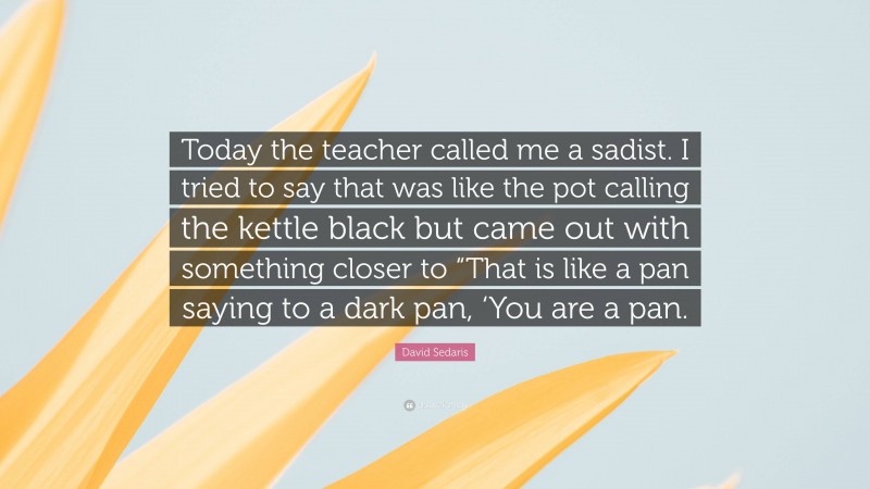 David Sedaris Quote: “Today the teacher called me a sadist. I tried to say that was like the pot calling the kettle black but came out with something closer to “That is like a pan saying to a dark pan, ‘You are a pan.”