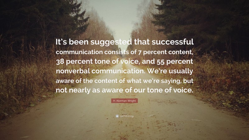 H. Norman Wright Quote: “It’s been suggested that successful communication consists of 7 percent content, 38 percent tone of voice, and 55 percent nonverbal communication. We’re usually aware of the content of what we’re saying, but not nearly as aware of our tone of voice.”