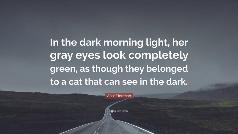 Alice Hoffman Quote: “In the dark morning light, her gray eyes look completely green, as though they belonged to a cat that can see in the dark.”