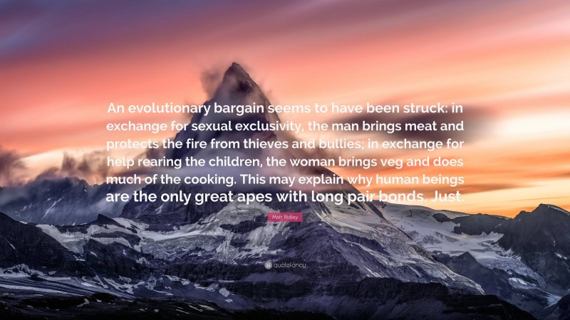 Matt Ridley Quote: “An evolutionary bargain seems to have been struck: in exchange for sexual exclusivity, the man brings meat and protects the fire from thieves and bullies; in exchange for help rearing the children, the woman brings veg and does much of the cooking. This may explain why human beings are the only great apes with long pair bonds. Just.”