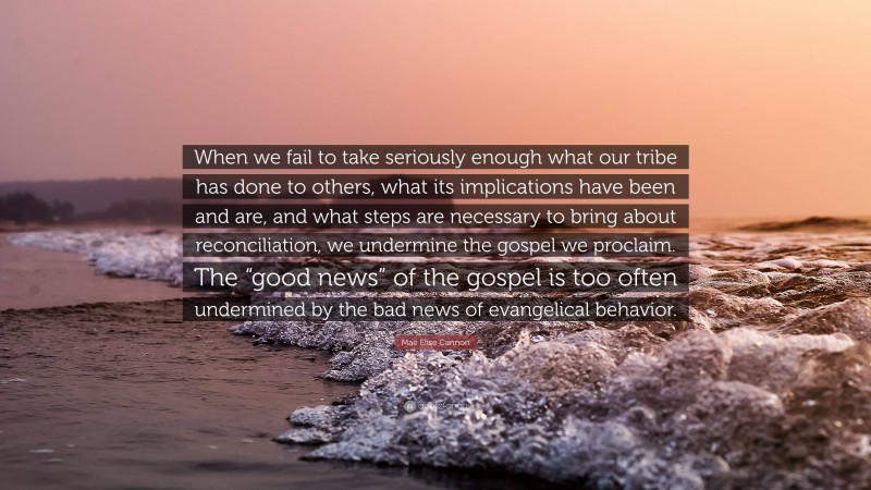 Mae Elise Cannon Quote: “When we fail to take seriously enough what our tribe has done to others, what its implications have been and are, and what steps are necessary to bring about reconciliation, we undermine the gospel we proclaim. The “good news” of the gospel is too often undermined by the bad news of evangelical behavior.”